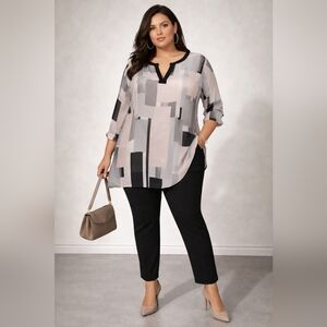 Chico's Sheer Geometric Black, White, Light Pink and Gray Blouse SIZE 3